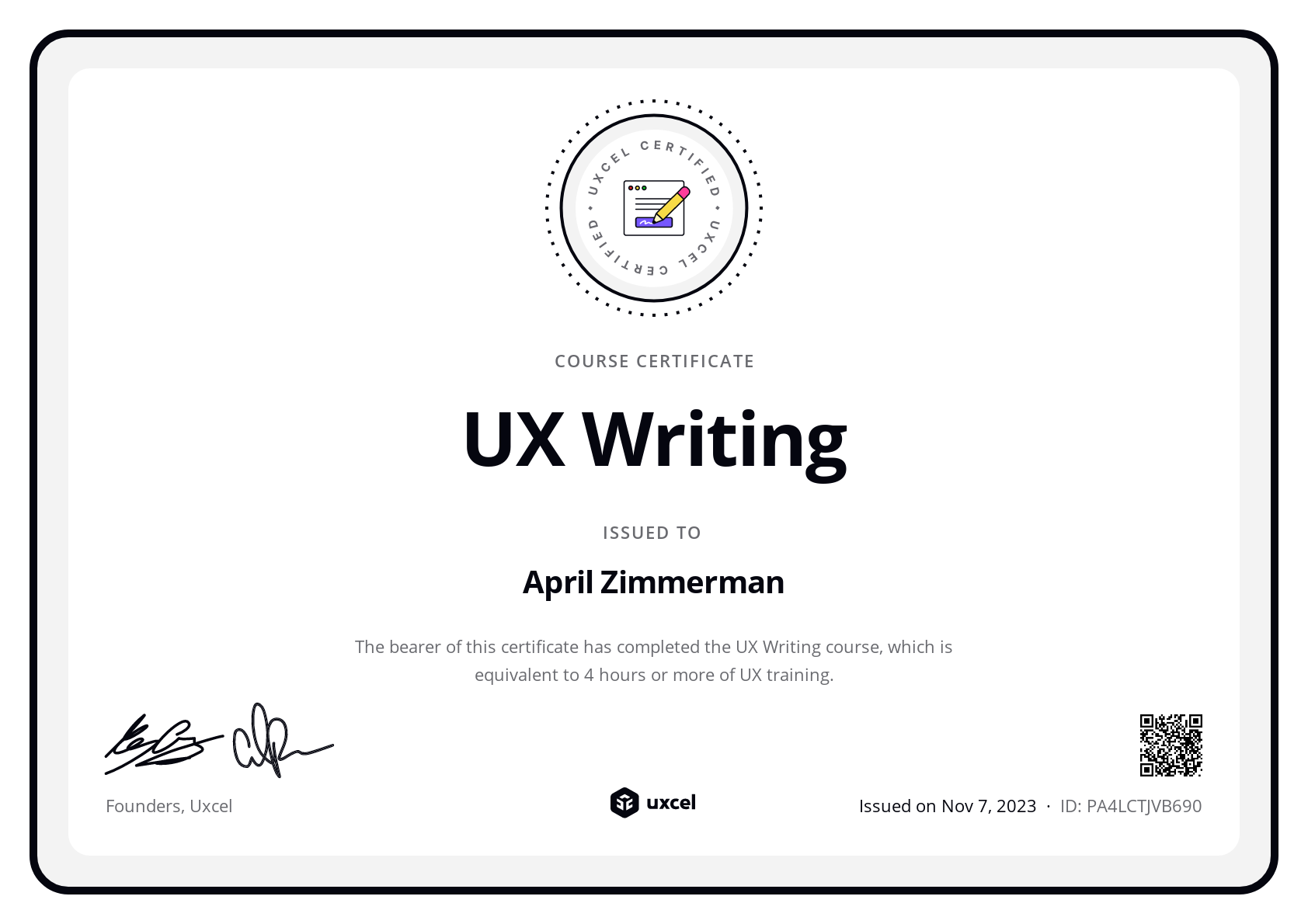 April Zimmerman's certificate